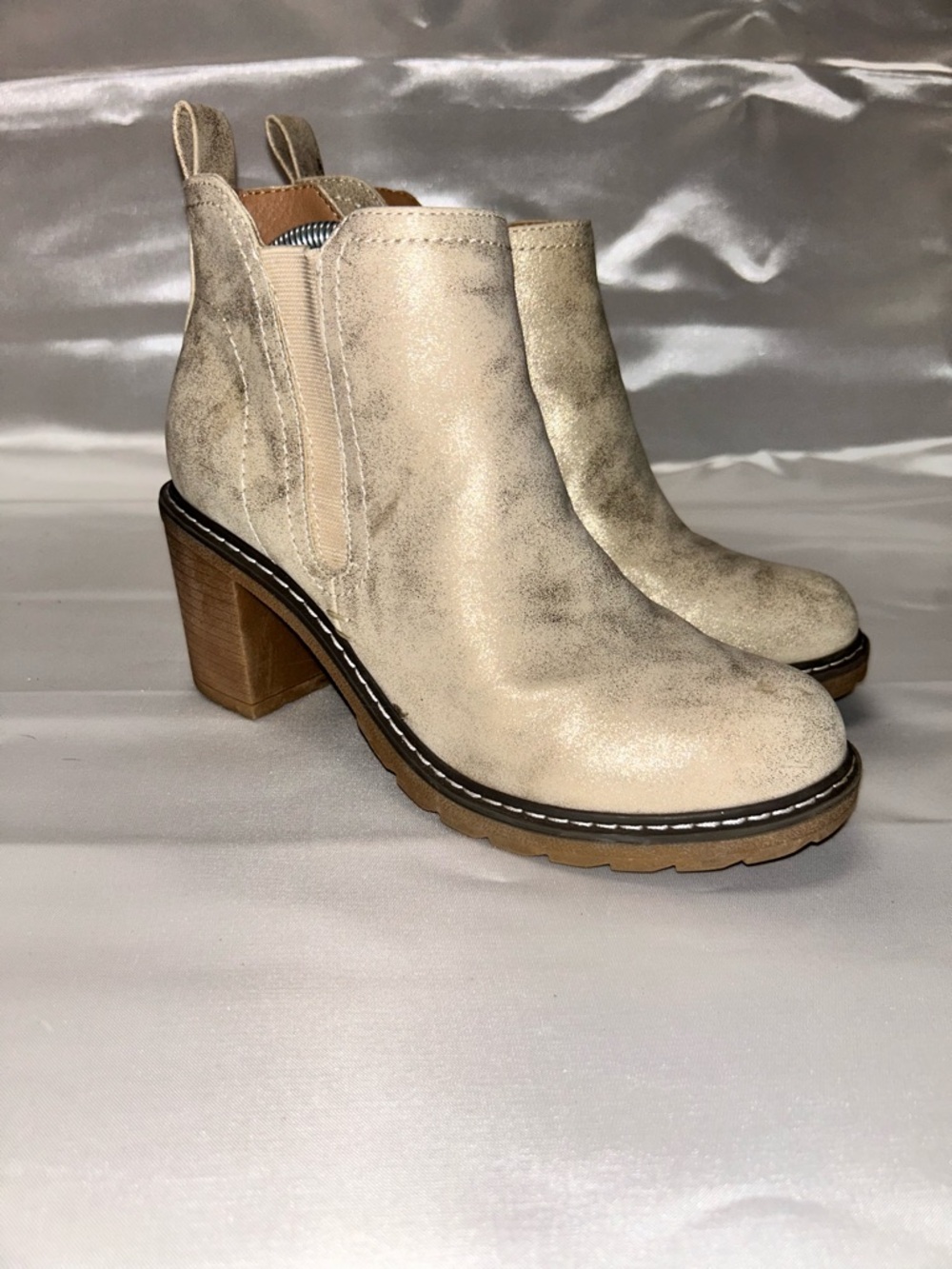 Corky’s Bite Me Champagne Chunky 3” Heel Lug Sole Zippered Ankle Boots